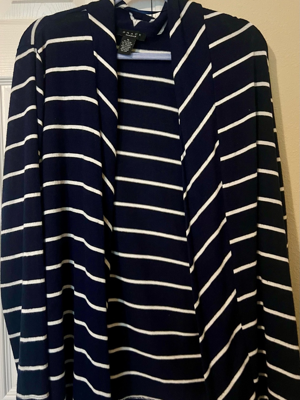 GRACE Navy Striped Open-Front Cardigan with White Bands